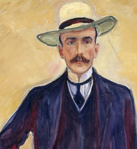 Edvard Munchs Porträt von Harry Graf Kessler zeigt vor hellgelbem Hintergrund einen schlanken, eleganten Mann mit schmalem Gesicht, Schnurrbart und blauen Augen. Er trägt einen dunkelblauen Anzug mit Weste, ein weißes Hemd mit dunkelblauer Krawatte und einen hellen Sommerhut. Er strahlt Intelligenz und Melancholie aus.