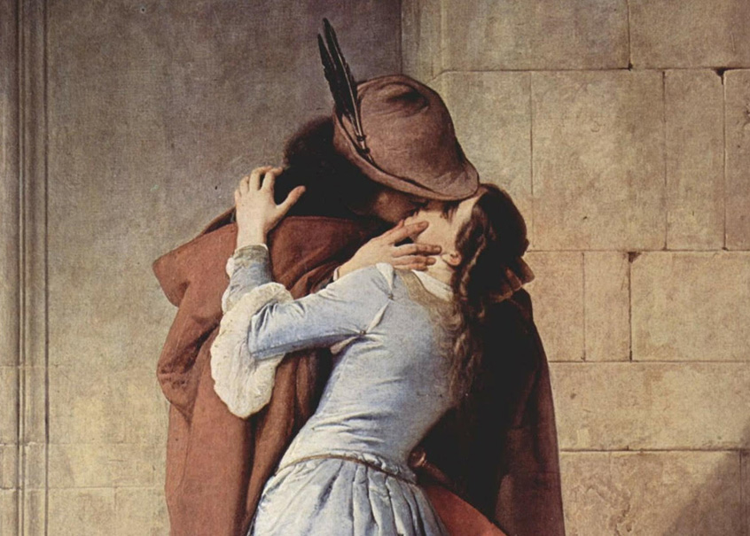 Das Gemälde aus dem neunzehnten Jahrhundert zeigt einen Mann in braunem Umhang und mit Federhut, der leidenschaftlich eine Frau in weißem Kleid küsst. Sie stehen in der Ecke eines Gebäudes und erwecken den Eindruck von Heimlichkeit.