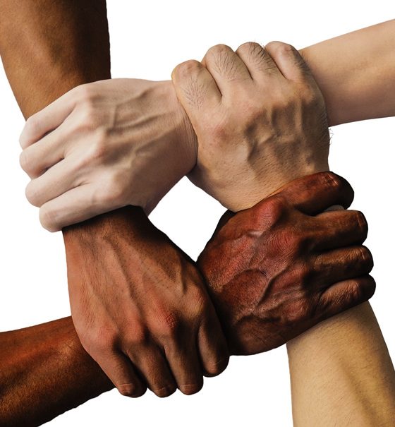 Vier Hände mit unterschiedlichen Hautfarben umfassen sich gegenseitig so an den Handgelenken, dass sie ein Viereck bilden.