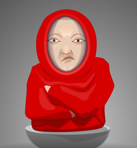 Ein stilisiert gezeichneter Mann in einer roten Mönchskutte zieht ein sehr missmutiges Gesicht und verschränkt in einer abwehrenden oder trotzigen Haltung die Arme vor der Brust.