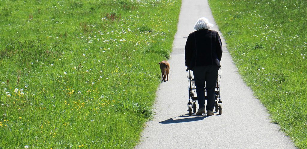Eine alte Frau schiebt ihren Rollator einen endlos langen Weg entlang