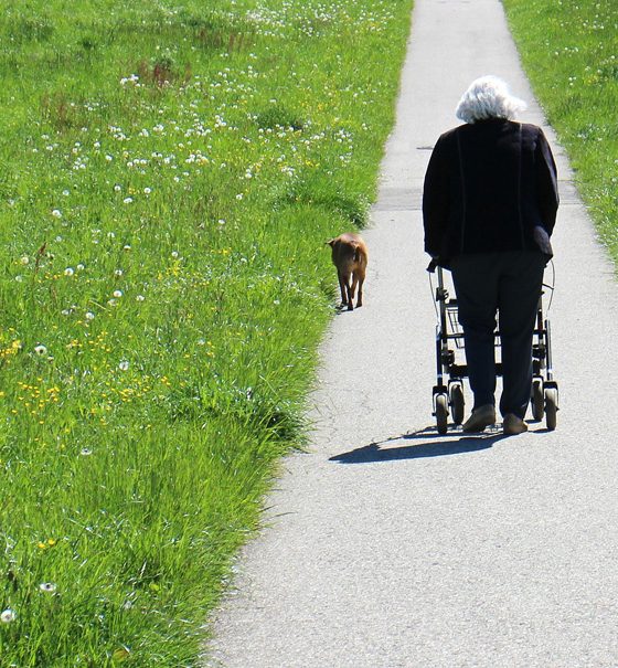 Eine alte Frau schiebt ihren Rollator einen endlos langen Weg entlang