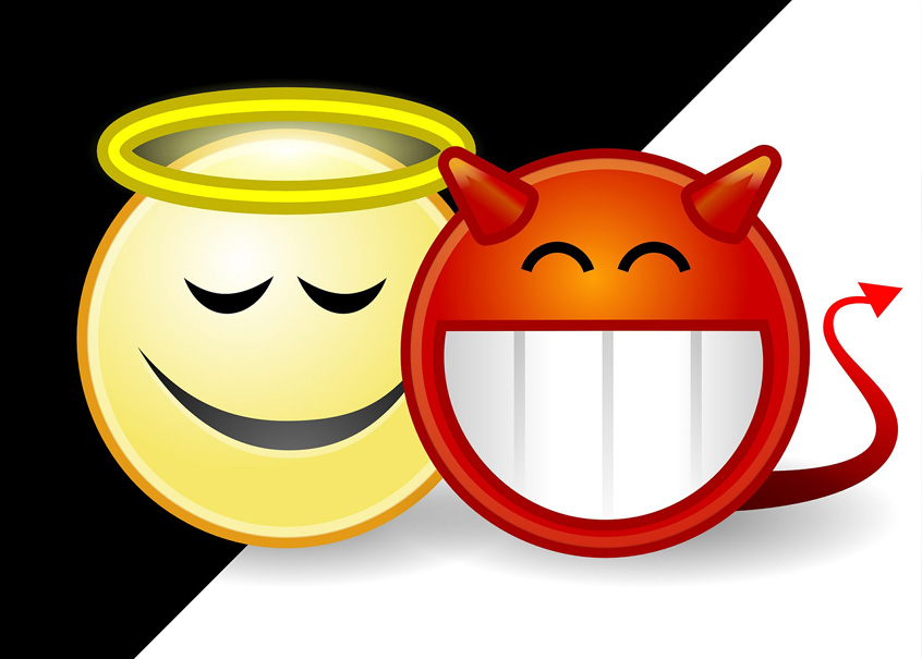 Ein gelbes Engel-Emoji und ein rotes Teufel-Emoji stehen nebeneinander