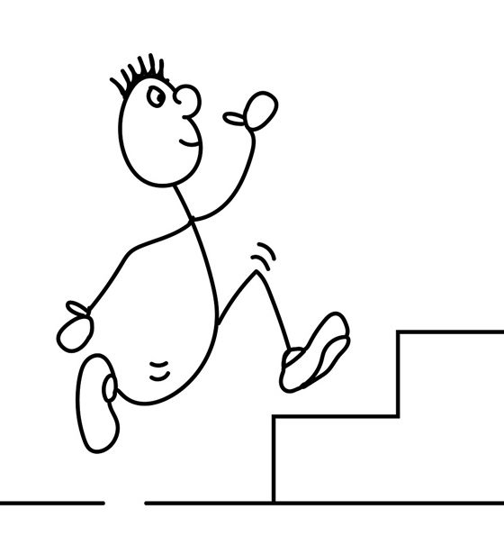 Ein Strichmännchen rennt eine Treppe hinauf.